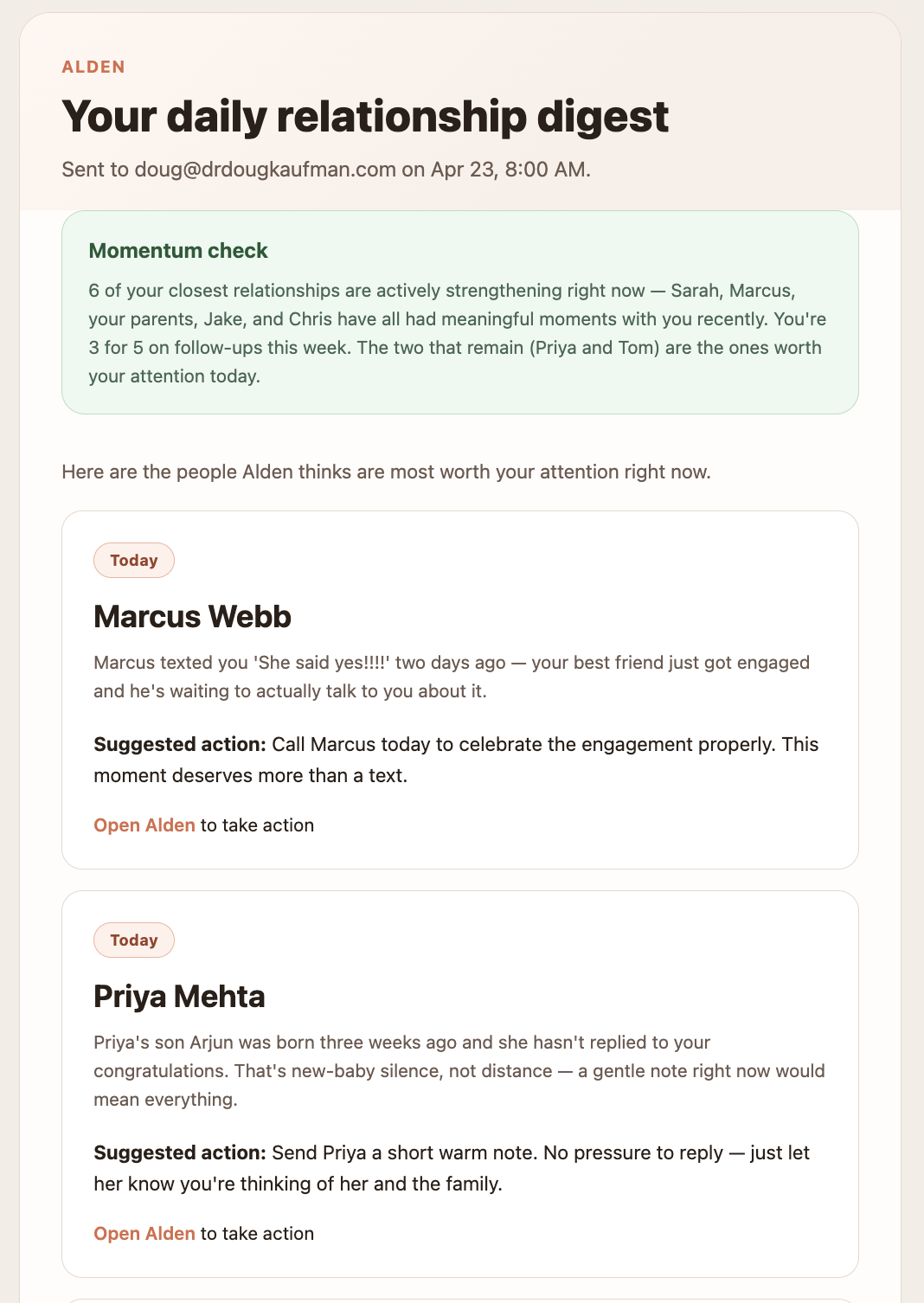 Alden email digest showing Momentum Check and recommendation cards