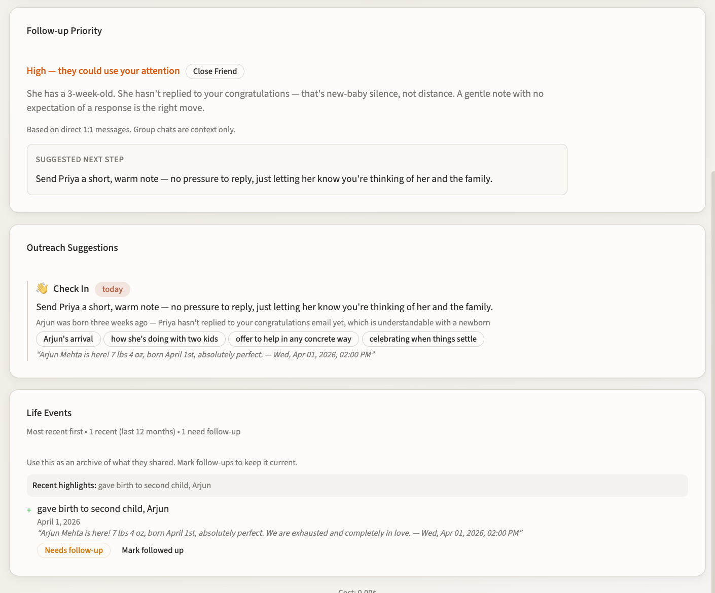 Priya Mehta contact detail showing relationship health and outreach suggestions